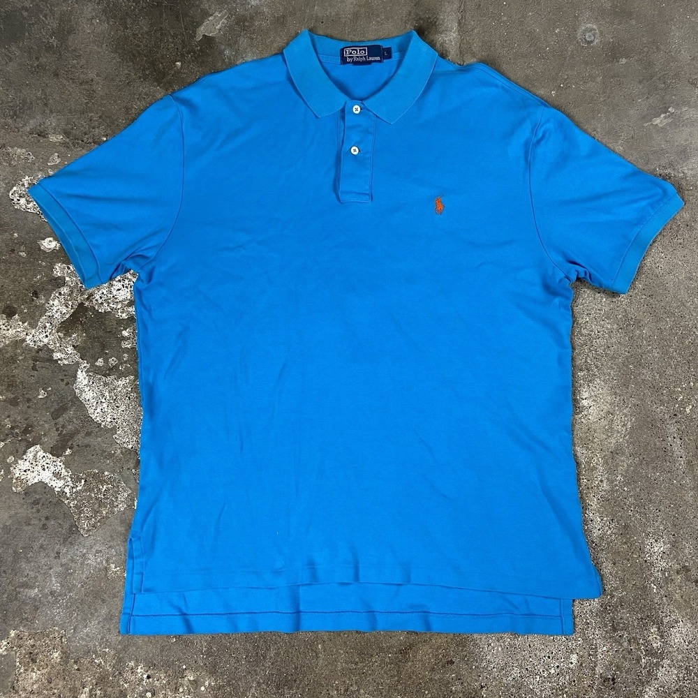 Polo Ralph Lauren Polo Shirt Size Large Blue Short Sleeve Orange Pony Logo‎